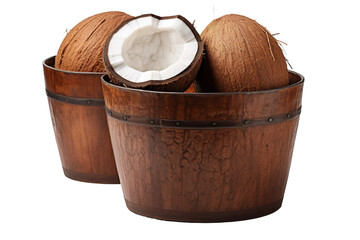 Bounty of the Tropics: Two Wooden Buckets Overflowing With Fresh Coconuts on White or PNG Transparent Background.