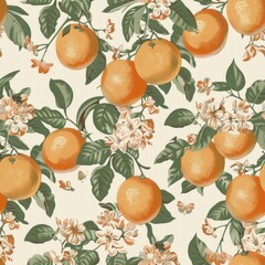 Canvas Print - Oranges on branches with flowers. seamless pattern