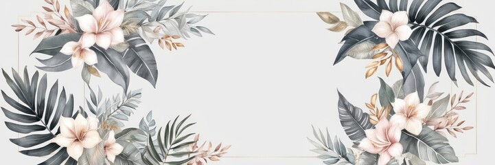 Wall Mural - Elegant floral arrangement featuring delicate flowers and tropical leaves on a white background. Perfect for nature-inspired designs and decor.