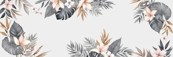 Wall Mural - Elegant floral arrangement featuring delicate flowers and tropical leaves on a white background. Perfect for nature-inspired designs and decor.