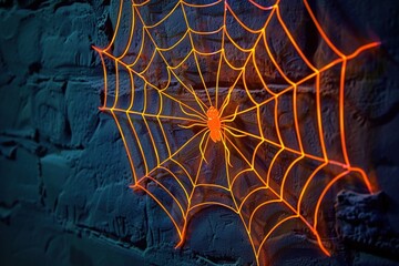 Wall Mural - spooky neon spider web in vibrant orange, intricately designed on a dark wall,