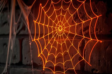 Wall Mural - spooky neon spider web in vibrant orange, intricately designed on a dark wall,
