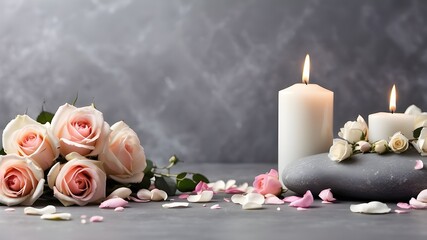 Wall Mural - Funeral services site banner, content space, and a white candle with a rose and flower petals on a panorama background of grey stone