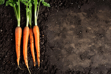 Wall Mural - orange carrots in soil with copy space on dark background