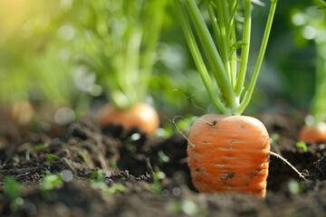 Wall Mural - close up of carrot growing in soil with copy space