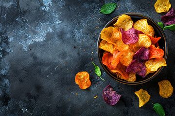 Wall Mural - vegetable colorful chips in bowl with copy space