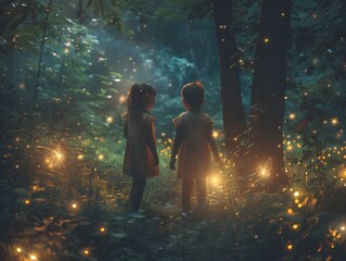 Wall Mural - Imaginative Children Exploring Magical Forest with Fairies and Glowing Creatures