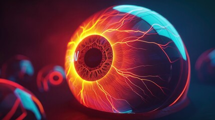 Wall Mural - Neon eyeball with glowing veins, centered on a dark background,