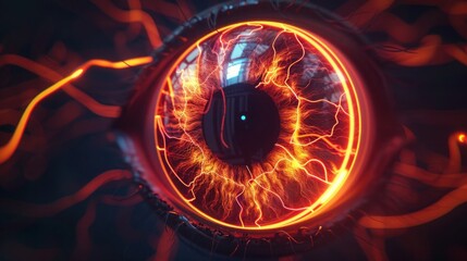 Wall Mural - Neon eyeball with glowing veins, centered on a dark background,
