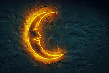 Wall Mural - Neon crescent moon with a creepy face, glowing in yellow on a shadowy wall,