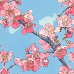 Canvas Print - Seamless pattern of branches with pink flowers on a blue sky background