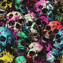 Poster - Seamless neon skull pattern