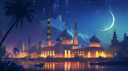 A mesmerizing night scene of an illuminated mosque by the water, under a starlit sky with a crescent moon. The vibrant lights and reflections create a magical and serene atmosphere