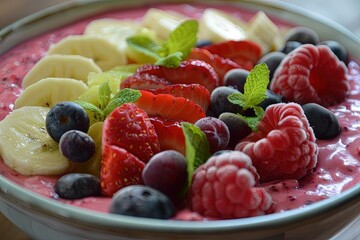 a bowl filled with fruit and a green leaf