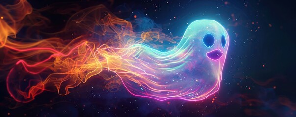 Wall Mural - Glowing neon ghost with a playful expression, floating on a black background,