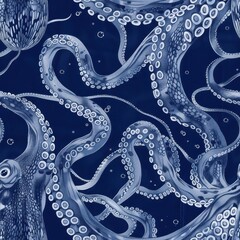 Canvas Print - Seamless octopus pattern on a blue background