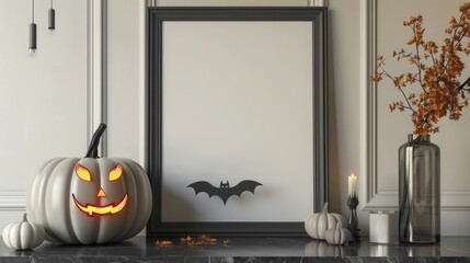 Wall Mural - Elegant wall frame mockup with a vintage pumpkin lantern in a luxury home interior, bat decor and modern touches.