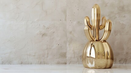 Modern, golden ceramic vase with a trendy cactus shape against a light wall, adding a creative touch to any décor. 