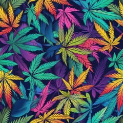 Sticker - Seamless pattern of multicolored marijuana leaves. Psychedelic art