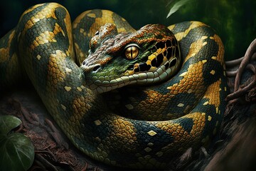 3D rendering of a boa constrictor snake in the jungle