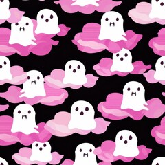 Sticker - ghostly pink clouds and white ghosts in the sky. Seamless pattern