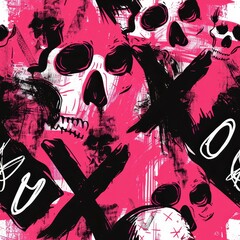 Canvas Print - Seamless pattern of skulls on a pink background