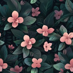 Sticker - Seamless pattern of pink flowers with leaves