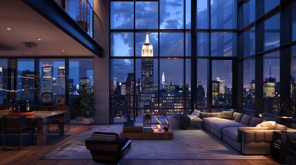 Wall Mural - Luxury lounge in apartment with a large window and view on New York skyline and the Empire State building at night, high-rise real estate property. copy space for text.