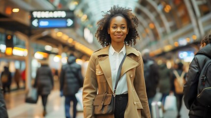 A confident, young and fashionable African American black woman, lady with a bag, walking outdoor through a city street in an elegant and stylish autumn beige coat. People are around. Casual outfit