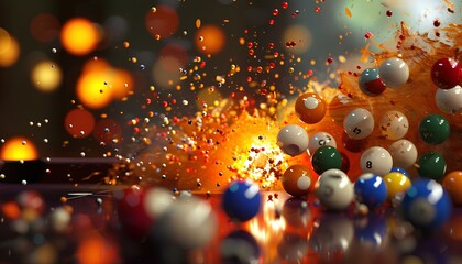 Wall Mural - Colorful billiard balls explode in a burst of light and motion.