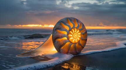 Wall Mural - Glowing nautilus shell on the beach