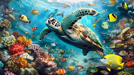 Wall Mural - Turtle swimming with group of colorful fish