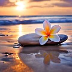 Wall Mural - a red frangipani flower with a yellow center, sitting on top of a black volcanic rock on a sandy beach at sunset. The sky is ablaze with orange, pink, and purple hues.