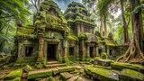 Abandoned temple in the heart of a dense forest, with vines and moss creeping over its ancient stone walls and intricate carvings.