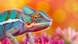 © Nataliia_Trushchenko - A colorful chameleon is standing on a bed of pink flowers. The chameleon is bright green and red, and its eyes are staring at the camera. The scene is vibrant and lively