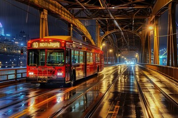 Wall Mural - a red bus driving down a street next to a bridge