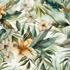 Wall Mural - Seamless pattern of tropical flowers and leaves