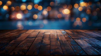 Wall Mural - Wooden table with dark blue background and golden lights