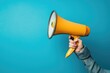 © MrHamster - Hand holding a bright yellow megaphone against a blue background