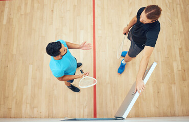 Sticker - Above, men and sports for squash exercise with racket for game discussion, training plan and competition support. Athlete, people and fitness performance, challenge and match trust for contest