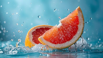 Wall Mural - A piece of grapefruit falling into the water, creating splashes, set against a blue background.