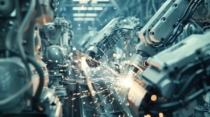 Wall Mural - There are giant robotic assembly lines with towering machines whirring and clanking and welding robots shooting sparks. Stock photograph.