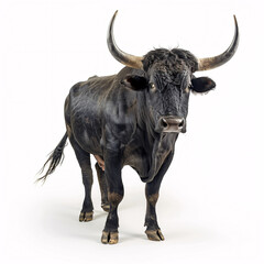 Bull isolated on white background. Black bull on white background. Bull with horns.