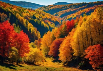 vibrant autumn canopy cascading down hillside colorful foliage trees fall season landscape,