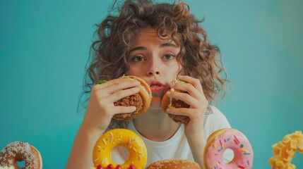 Wall Mural - A woman is eating a hamburger and a donut