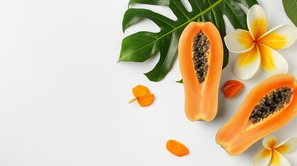 Wall Mural - A close up of a ripe orange with a small hole in the middle. The orange is surrounded by a few other fruits and flowers