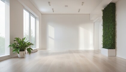 Wall Mural - White wall empty room with plants on a floor