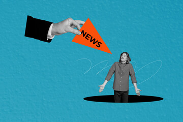 Wall Mural - creative collage picture young man news propaganda sleeve hand body fragment hold clueless confused 