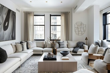 a living room filled with furniture and a large window