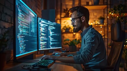 a programmer writing code on multiple screens in a dark room with dim lighting and a focused express